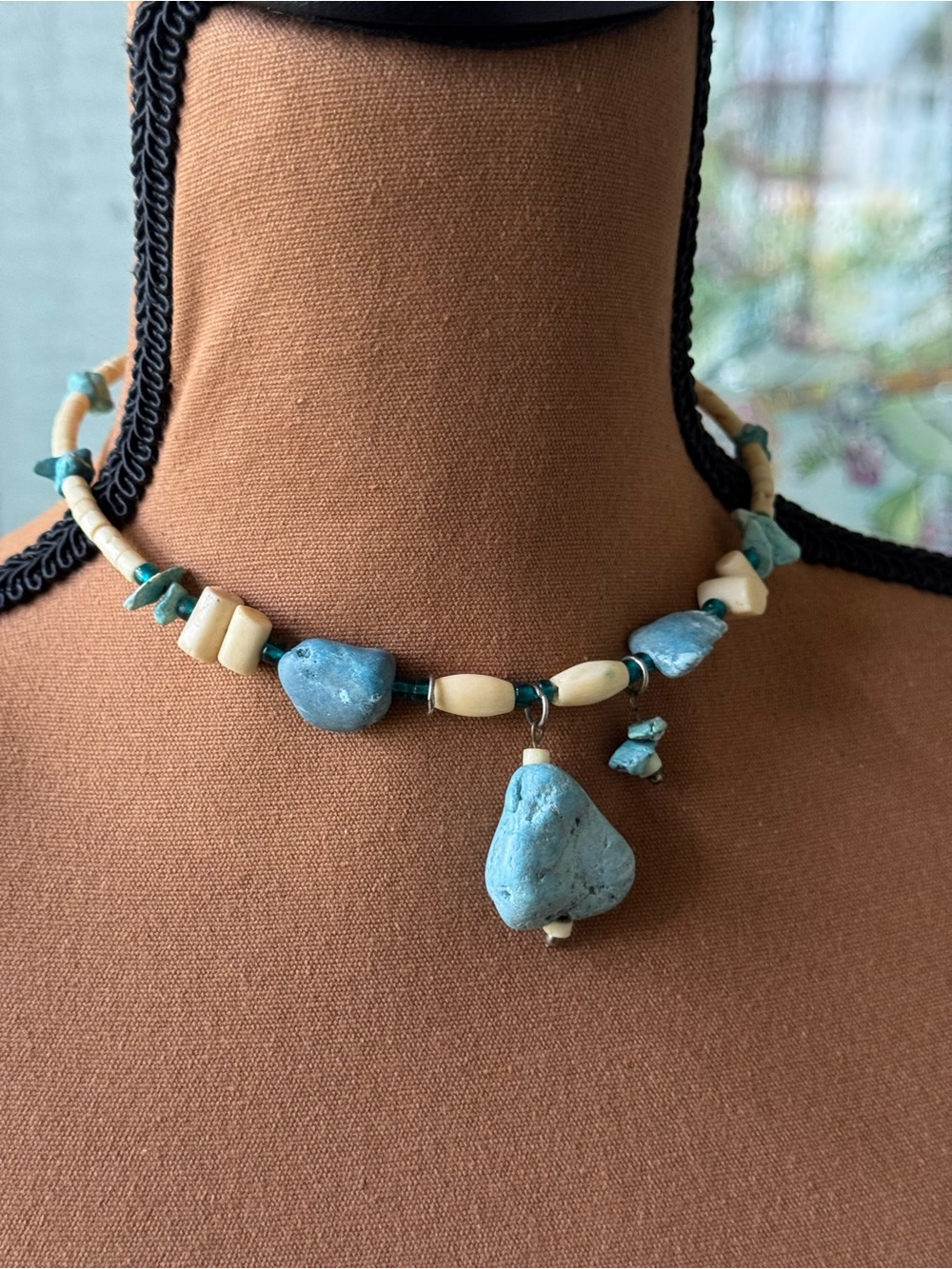 Handmade Turquoise Colored & Cream Stone Choker Necklace